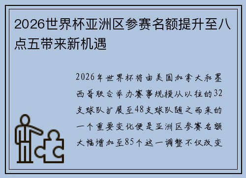 2026世界杯亚洲区参赛名额提升至八点五带来新机遇